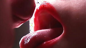 Close-up pussy fuck fetish. Cum on red lips in lipstick. Slow-motion
