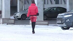 Red Tights. Jeny Smith public ambling in tight seamless red pantyhose (no panties)